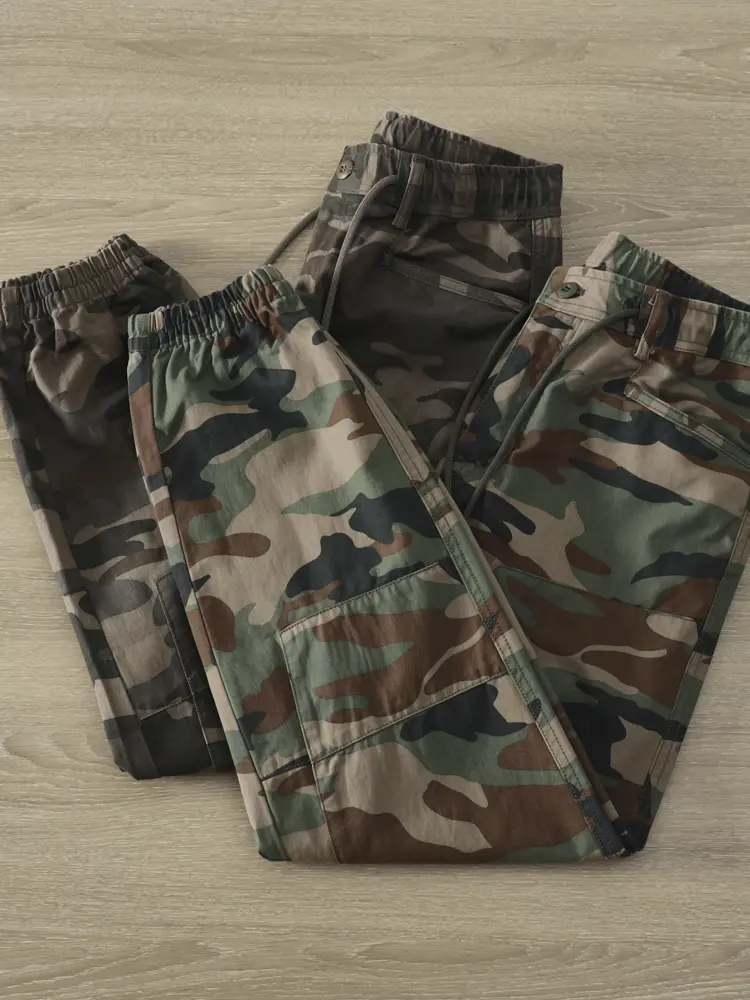 2025 Autumn New American Rerto Camouflage Cargo Pants Men's Fashion 100% Cotton Washed Casual Loose Straight Ankle-tied Trousers