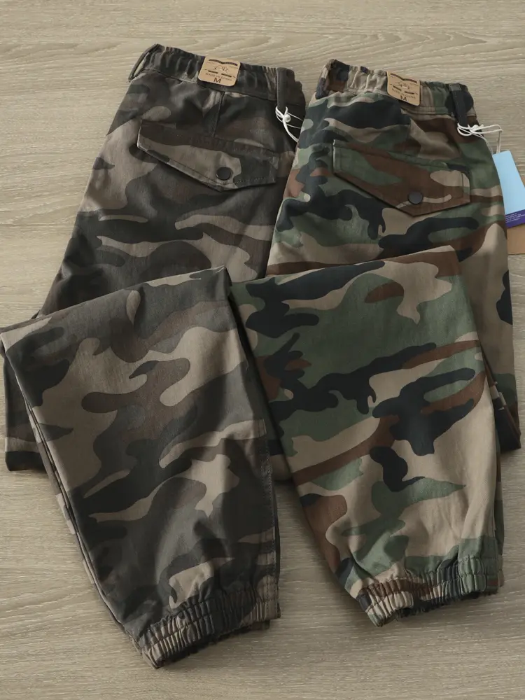 2025 Autumn New American Rerto Camouflage Cargo Pants Men's Fashion 100% Cotton Washed Casual Loose Straight Ankle-tied Trousers