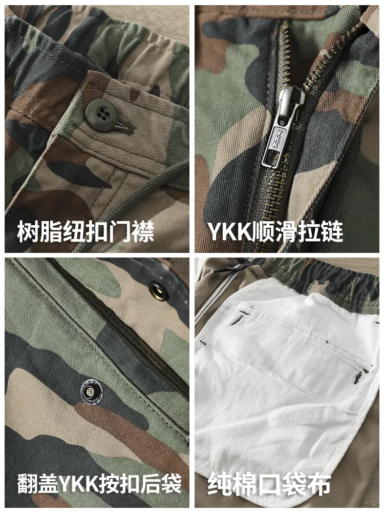 2025 Autumn New American Rerto Camouflage Cargo Pants Men's Fashion 100% Cotton Washed Casual Loose Straight Ankle-tied Trousers