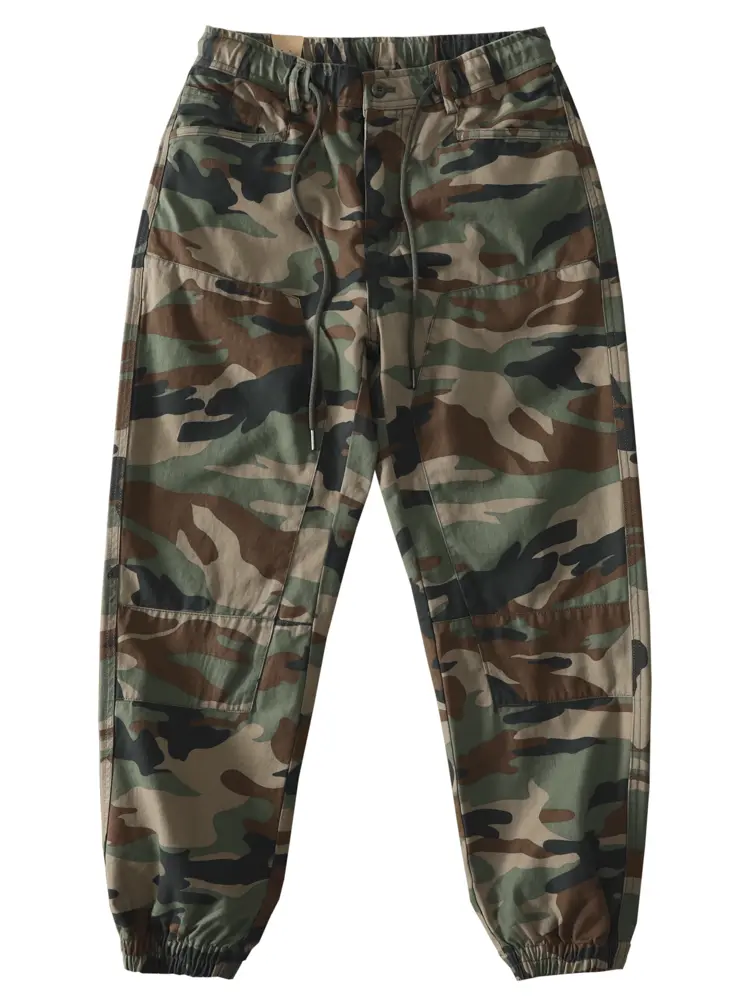 2025 Autumn New American Rerto Camouflage Cargo Pants Men's Fashion 100% Cotton Washed Casual Loose Straight Ankle-tied Trousers