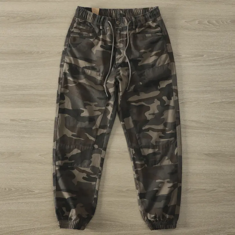 2025 Autumn New American Rerto Camouflage Cargo Pants Men's Fashion 100% Cotton Washed Casual Loose Straight Ankle-tied Trousers