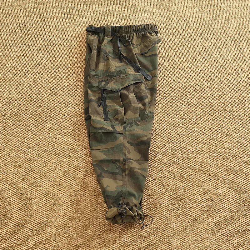 American Loose Straight Outdoor Paratrooper Assault Pants Men's Functional Pocket Trouser with Drawstring for Mountain Climbing