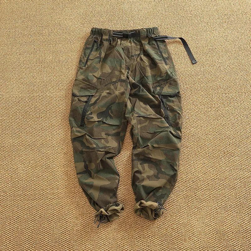 American Loose Straight Outdoor Paratrooper Assault Pants Men's Functional Pocket Trouser with Drawstring for Mountain Climbing