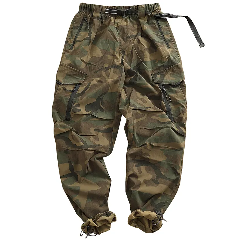 American Loose Straight Outdoor Paratrooper Assault Pants Men's Functional Pocket Trouser with Drawstring for Mountain Climbing