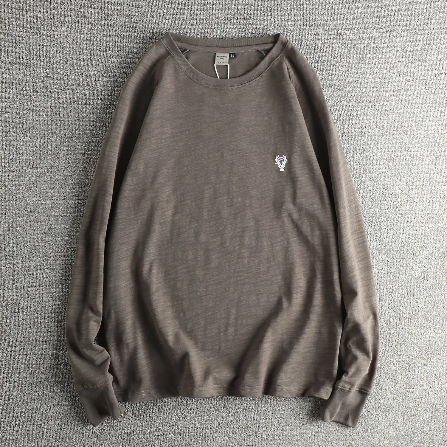 Autumn New British Retro Long-sleeved O-neck Embroidery T-shirt Men's Simple Fashion 100% Slub Cotton Washed Casual Loose Tops