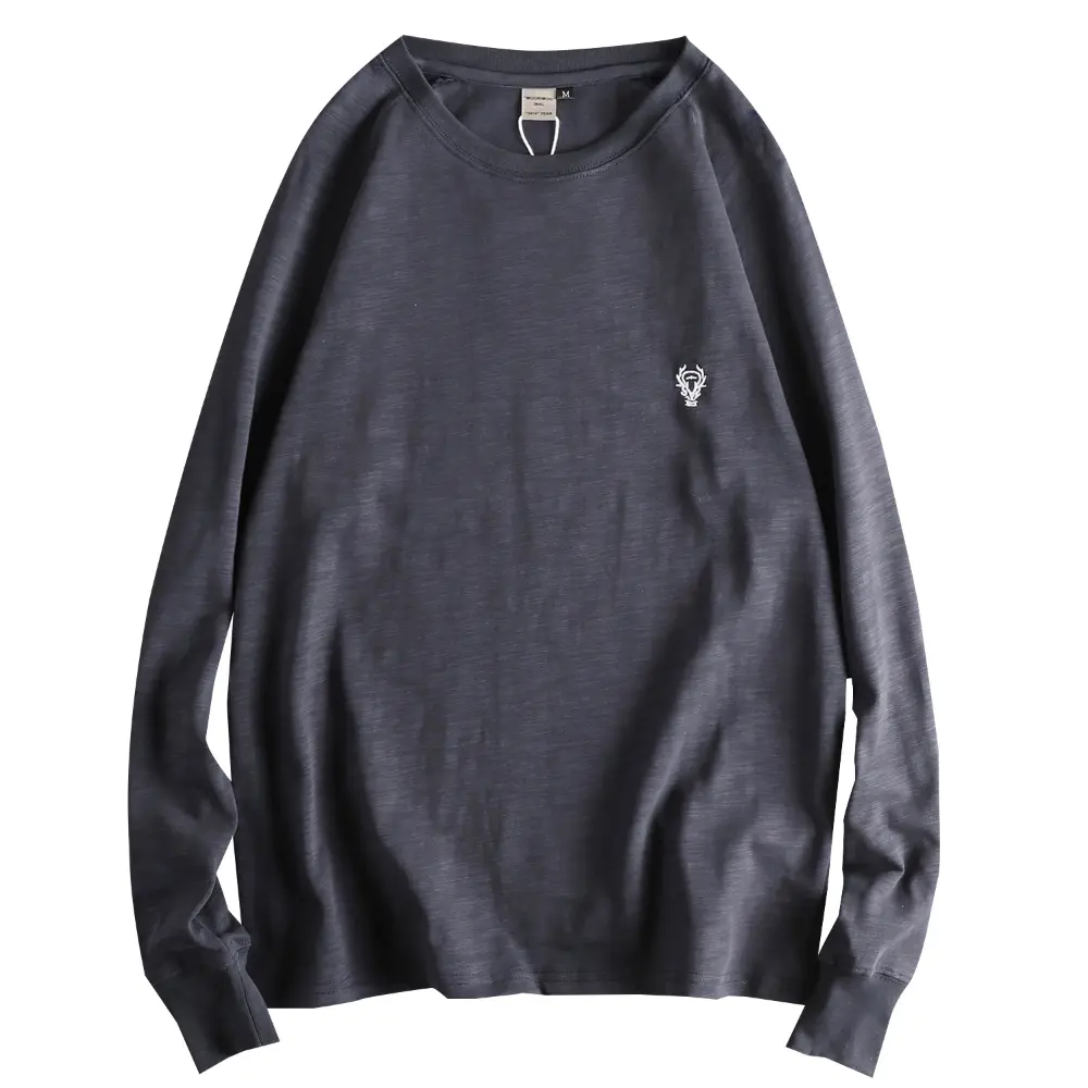 Autumn New British Retro Long-sleeved O-neck Embroidery T-shirt Men's Simple Fashion 100% Slub Cotton Washed Casual Loose Tops