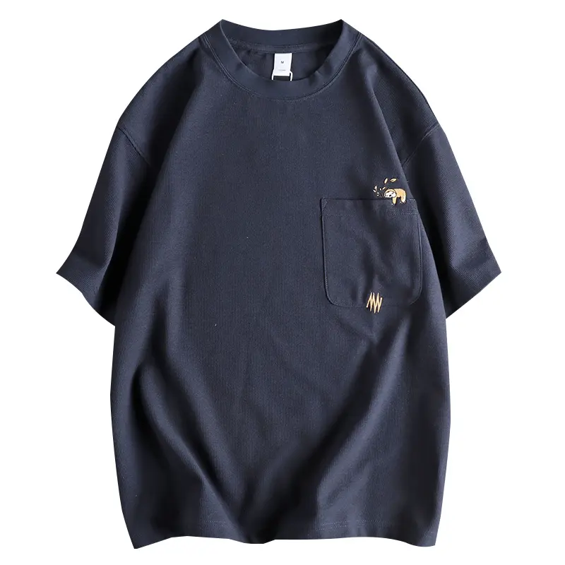 2025 Summer New Japanese Retro Short Sleeve O-neck Waffle Knitted Embroidery T-shirt Men's High Street Pocket Casual Loose Tops