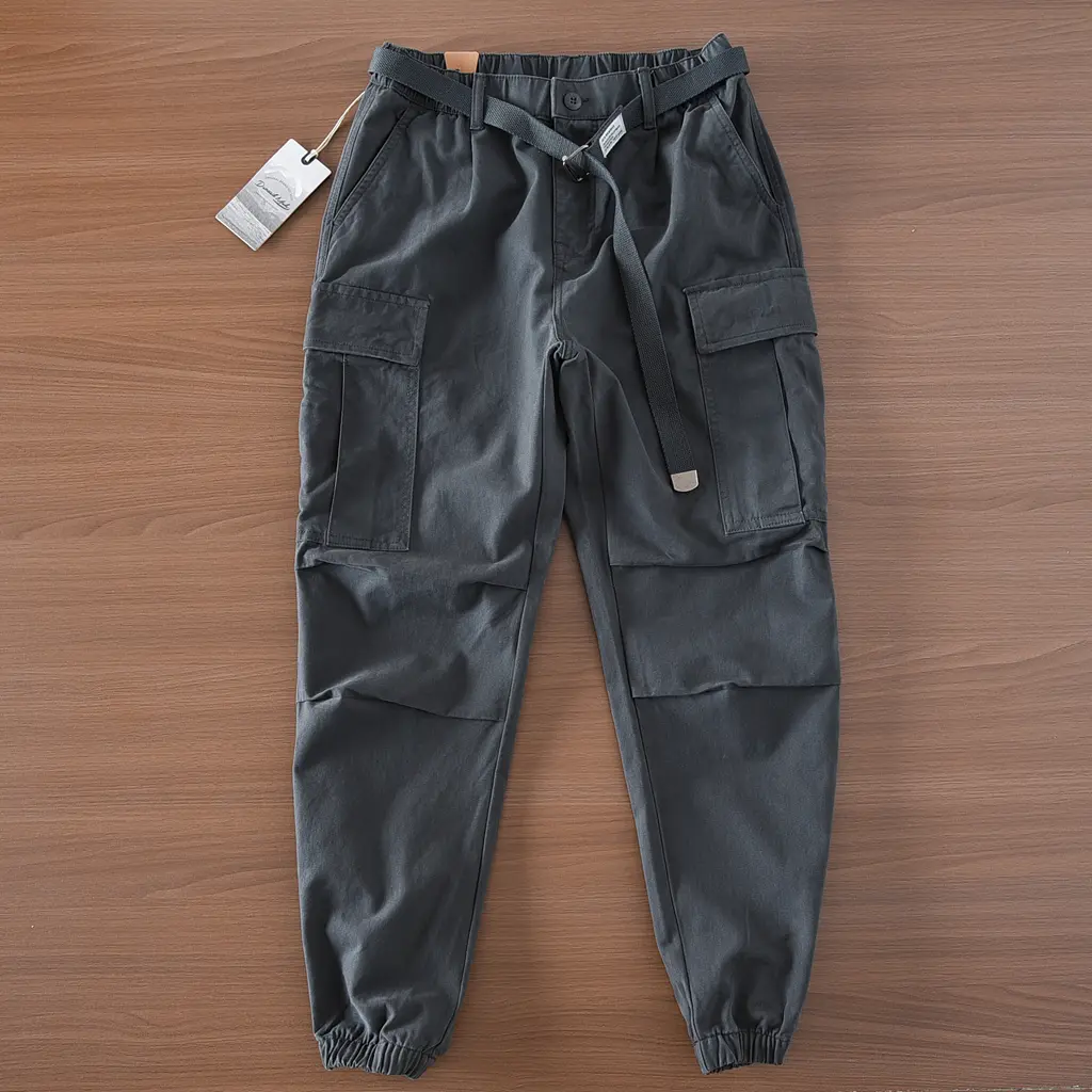 2025 Spring New American Retro Woven Cargo Pants Men's Simple 100% Cotton Washed Multi Pocket Straight Casual Trousers with Belt