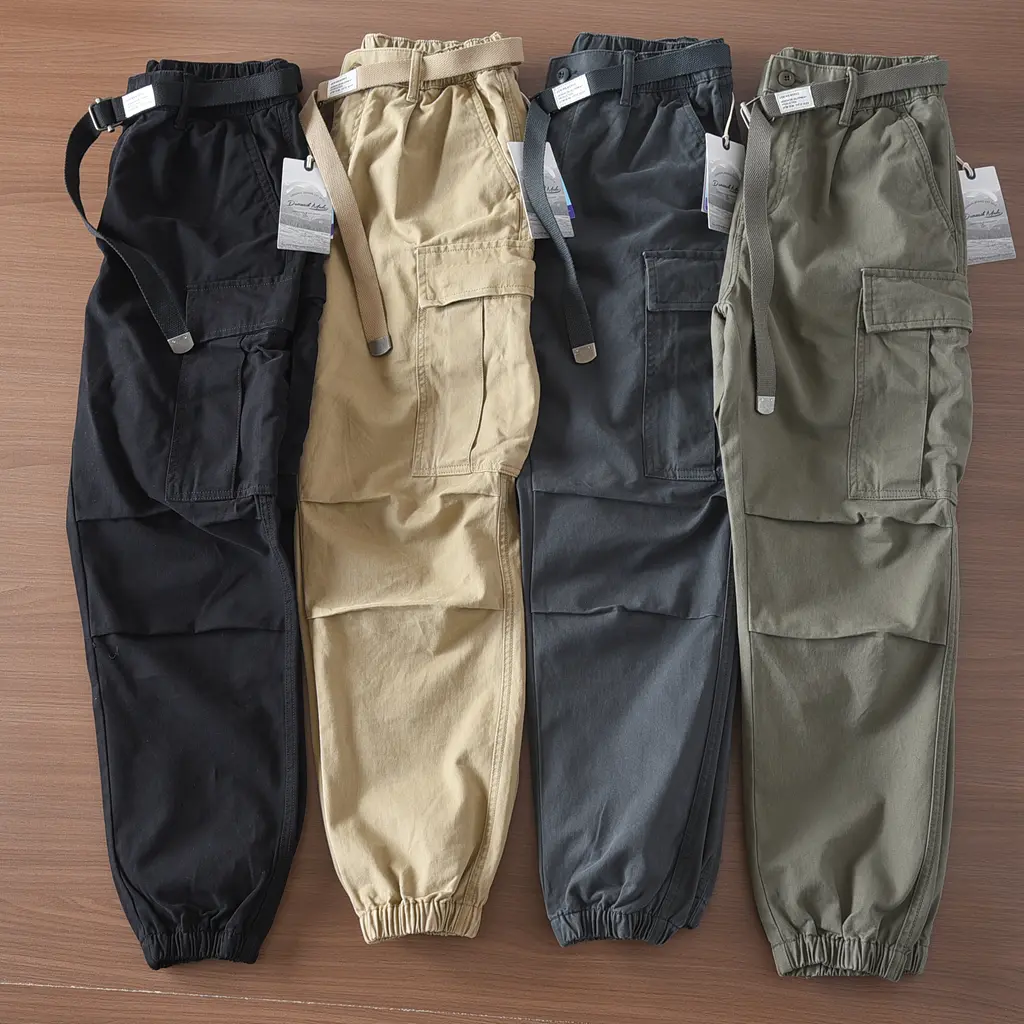 2025 Spring New American Retro Woven Cargo Pants Men's Simple 100% Cotton Washed Multi Pocket Straight Casual Trousers with Belt