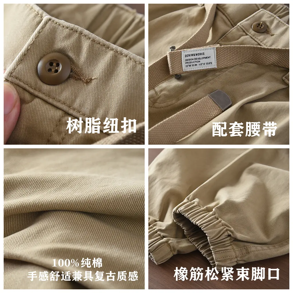 2025 Spring New American Retro Woven Cargo Pants Men's Simple 100% Cotton Washed Multi Pocket Straight Casual Trousers with Belt