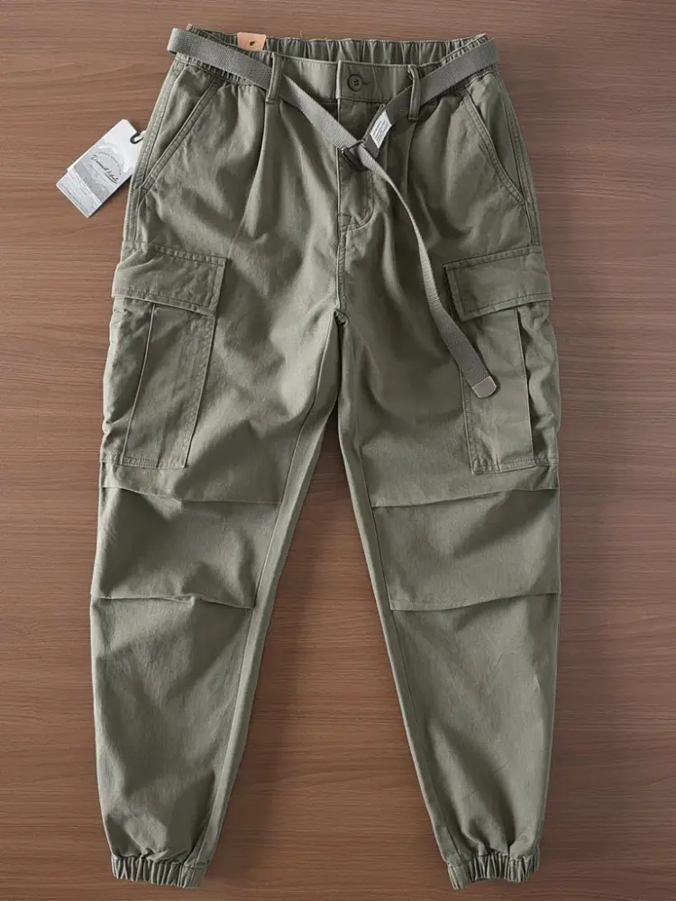 2025 Spring New American Retro Woven Cargo Pants Men's Simple 100% Cotton Washed Multi Pocket Straight Casual Trousers with Belt