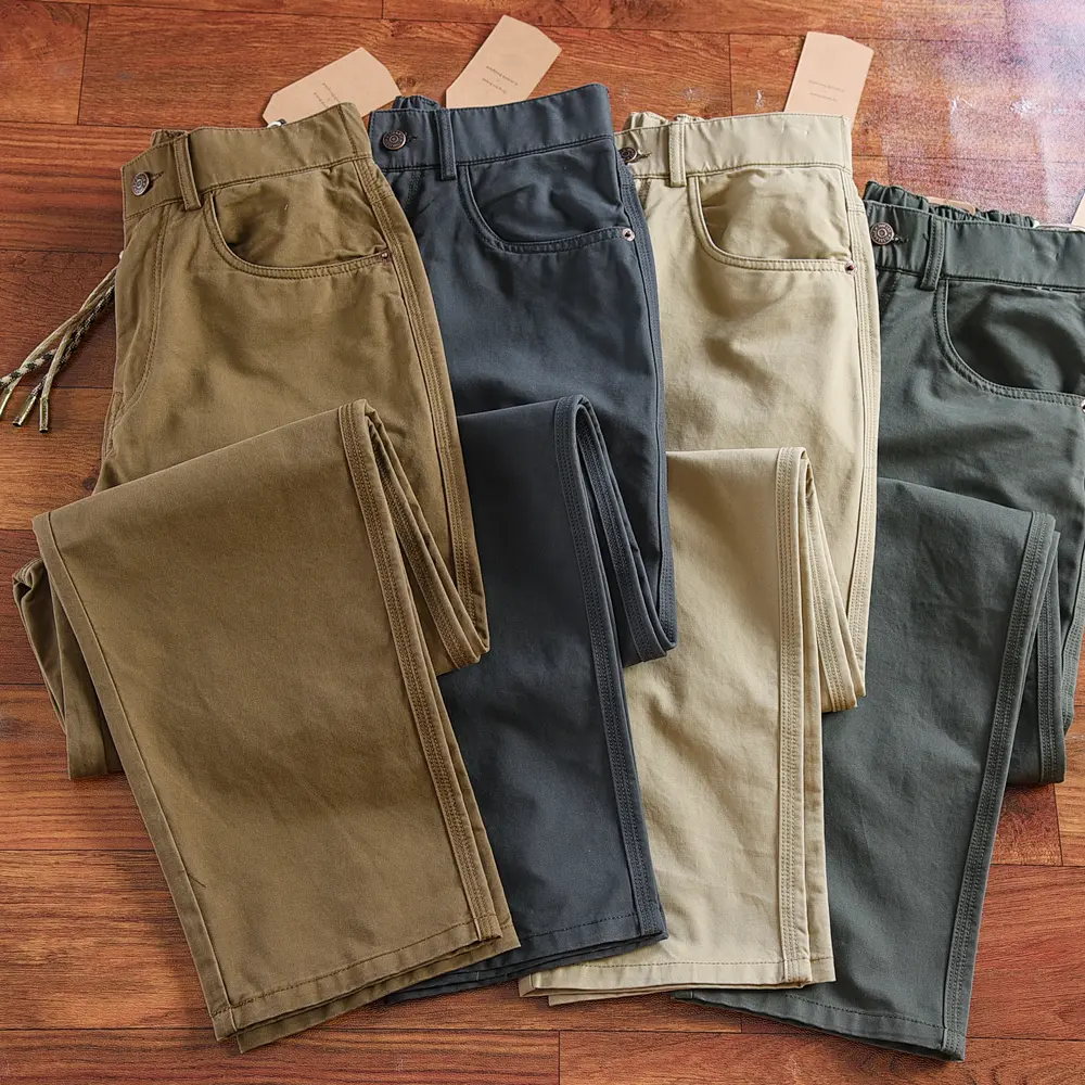 Spring Autumn New Japanese Retro Heavyweight Woven Cargo Pants Men's Outdoor 100% Cotton Washed Casual Loose Straight Trousers