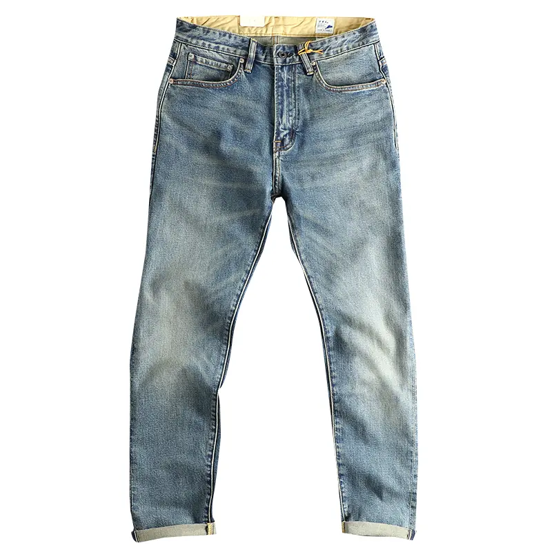 2025 Spring and Autumn New American Retro Heavyweight Denim Slim Fit Jeans Men's Simple 97% Cotton Washed Straight Casual Pants