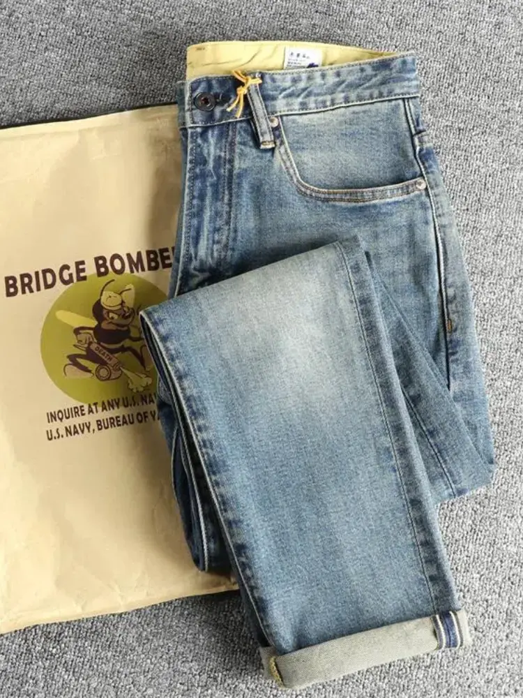 2025 Spring and Autumn New American Retro Heavyweight Denim Slim Fit Jeans Men's Simple 97% Cotton Washed Straight Casual Pants