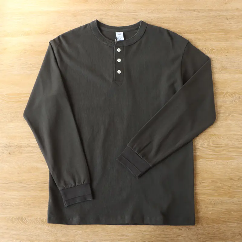 Spring New American Retro 300g Long Sleeve Henry Collar Knitted T-shirt Men's Simple 100% Cotton Washed Casual Tough Guy Tops