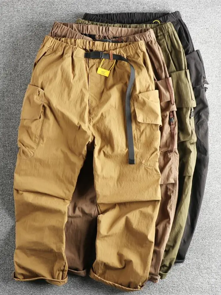 2025 Spring New American Retro Woven Cargo Pants Men's Simple Mountain Outdoor Multi Pocket Loose Straight Casual Trousers