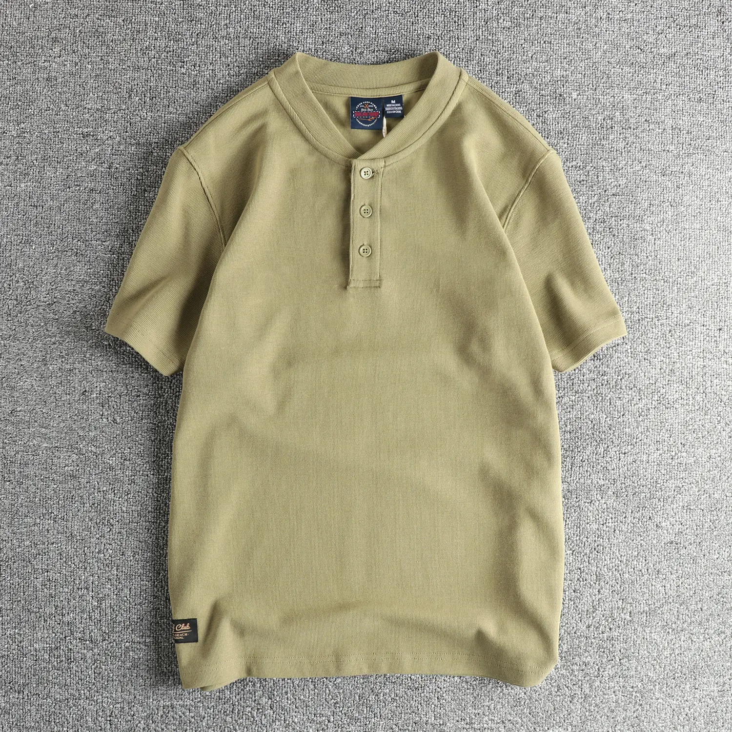 2025 Summer New American Retro Short Sleeve Henry Collar Waffle Solid Color T-shirt Men's Simple 96% Cotton Washed Casual Tops