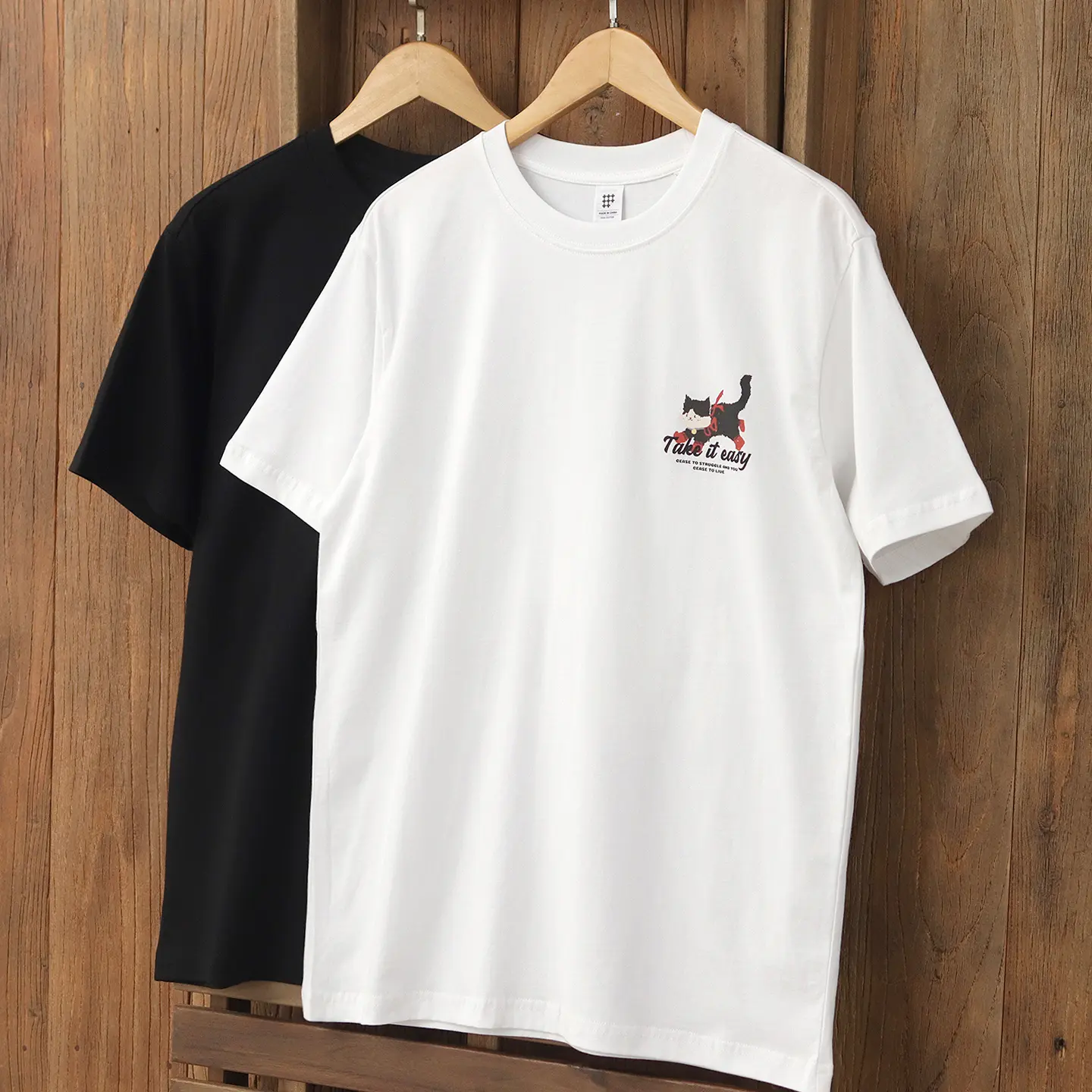 2025 Summer New Japanese Retro Short Sleeve O-neck Letter Cat Printed T-shirt Men's Fashion 100% Cotton Washed Casual Loose Tops