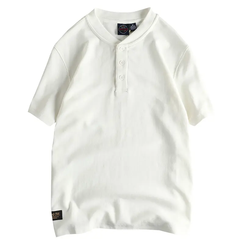 2025 Summer New American Retro Short Sleeve Henry Collar Waffle Solid Color T-shirt Men's Simple 96% Cotton Washed Casual Tops