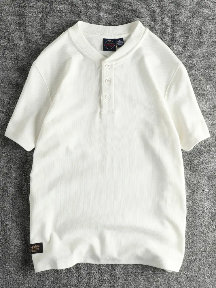 2025 Summer New American Retro Short Sleeve Henry Collar Waffle Solid Color T-shirt Men's Simple 96% Cotton Washed Casual Tops