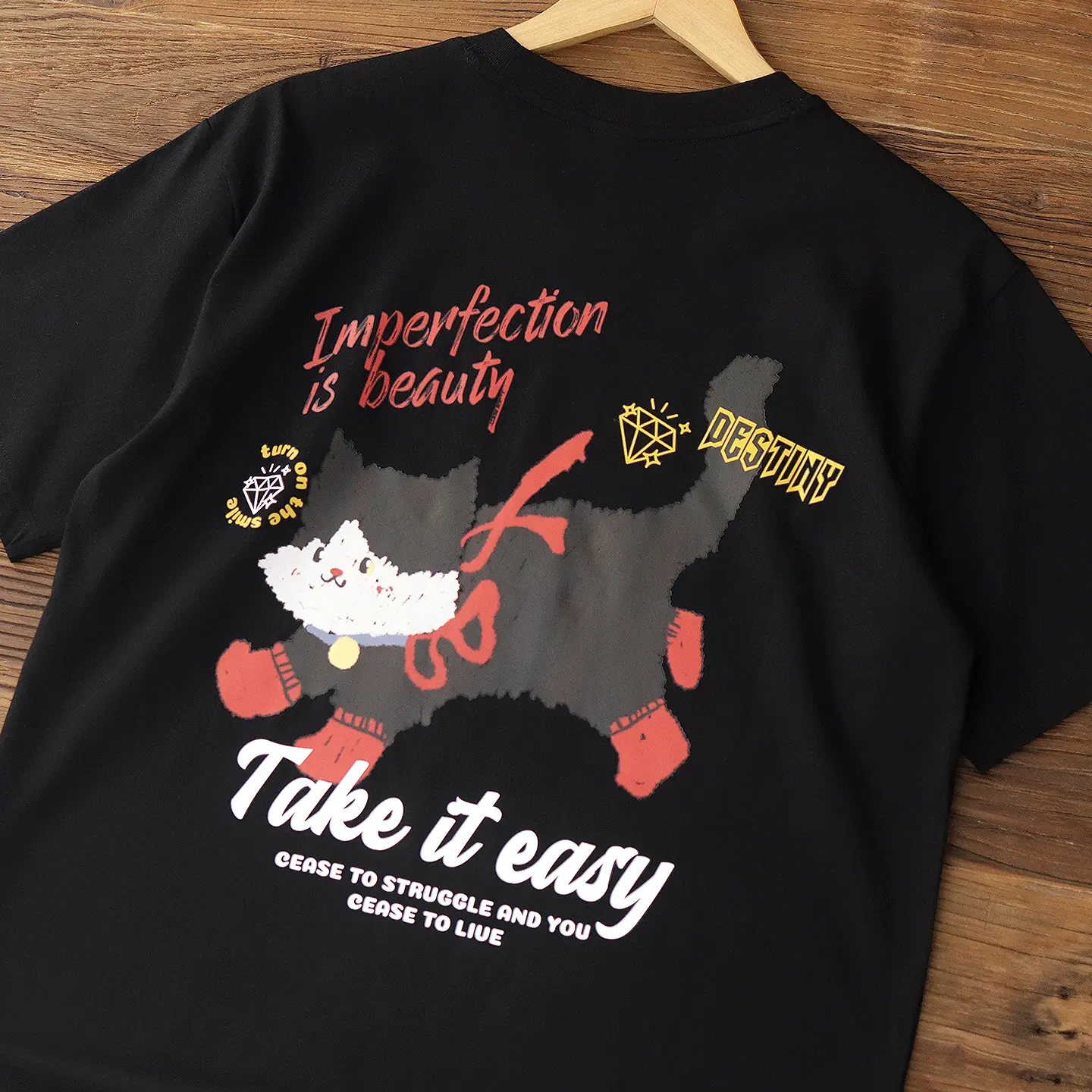 2025 Summer New Japanese Retro Short Sleeve O-neck Letter Cat Printed T-shirt Men's Fashion 100% Cotton Washed Casual Loose Tops