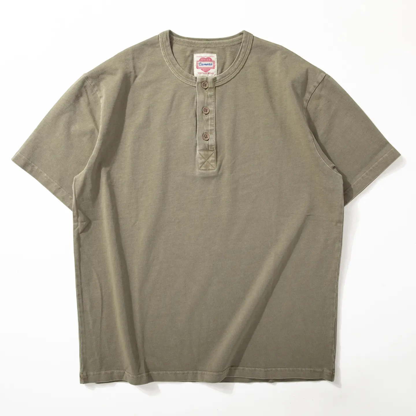 2025 Summer New American Retro Short Sleeve Henry Collar Solid Color T-shirt Men's Simple 100% Cotton Washed Loose Casual Tops