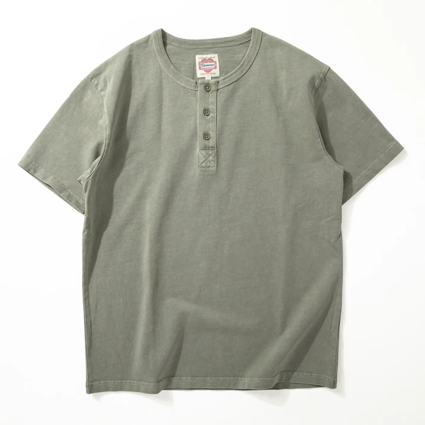 2025 Summer New American Retro Short Sleeve Henry Collar Solid Color T-shirt Men's Simple 100% Cotton Washed Loose Casual Tops