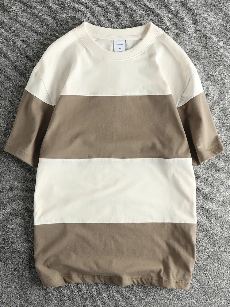 2025 Summer New American Retro Short Sleeve O-neck Wide Striped T-shirt Men's Simple 100% Cotton Washed Heavyweight Casual Tops