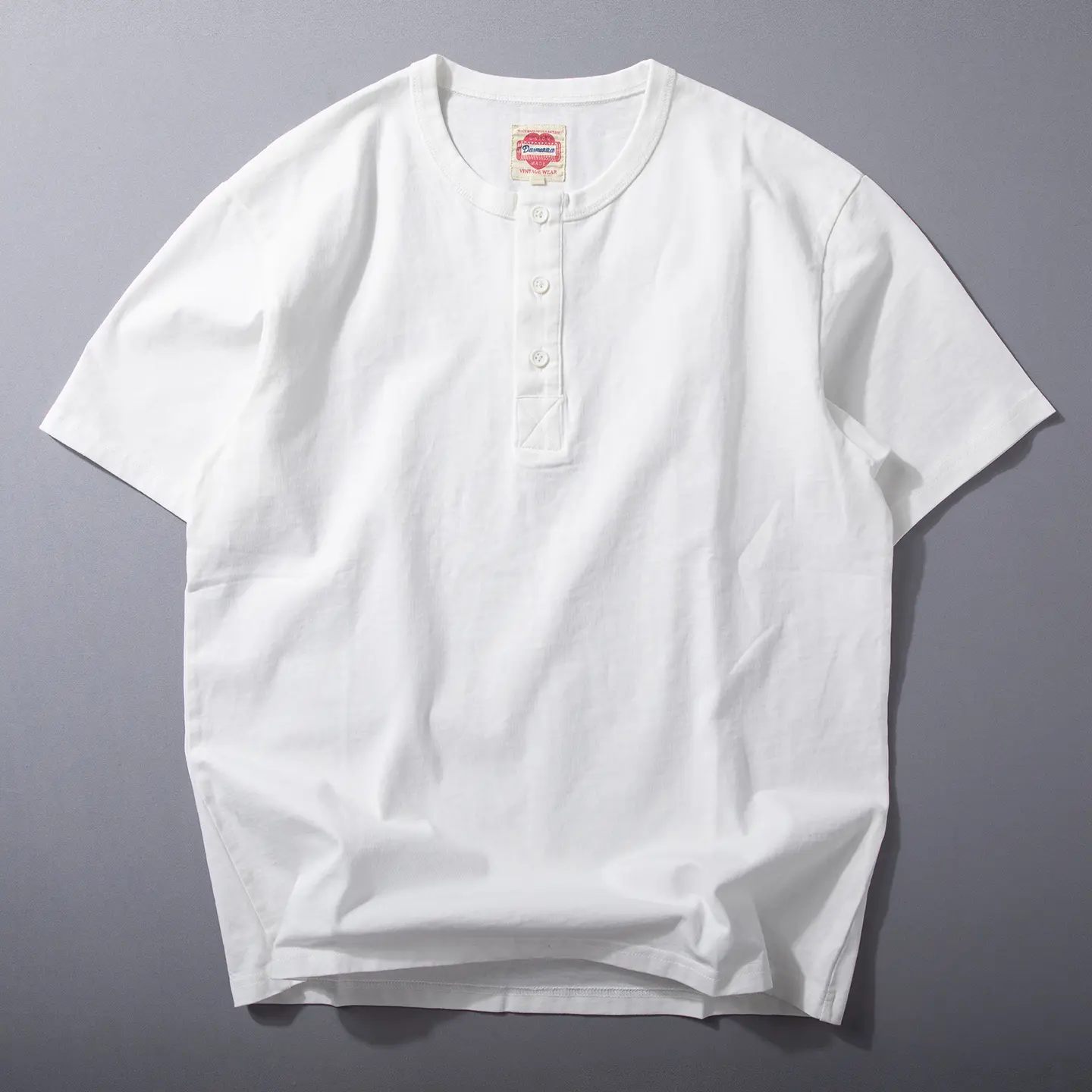 2025 Summer New American Retro Short Sleeve Henry Collar Solid Color T-shirt Men's Simple 100% Cotton Washed Loose Casual Tops