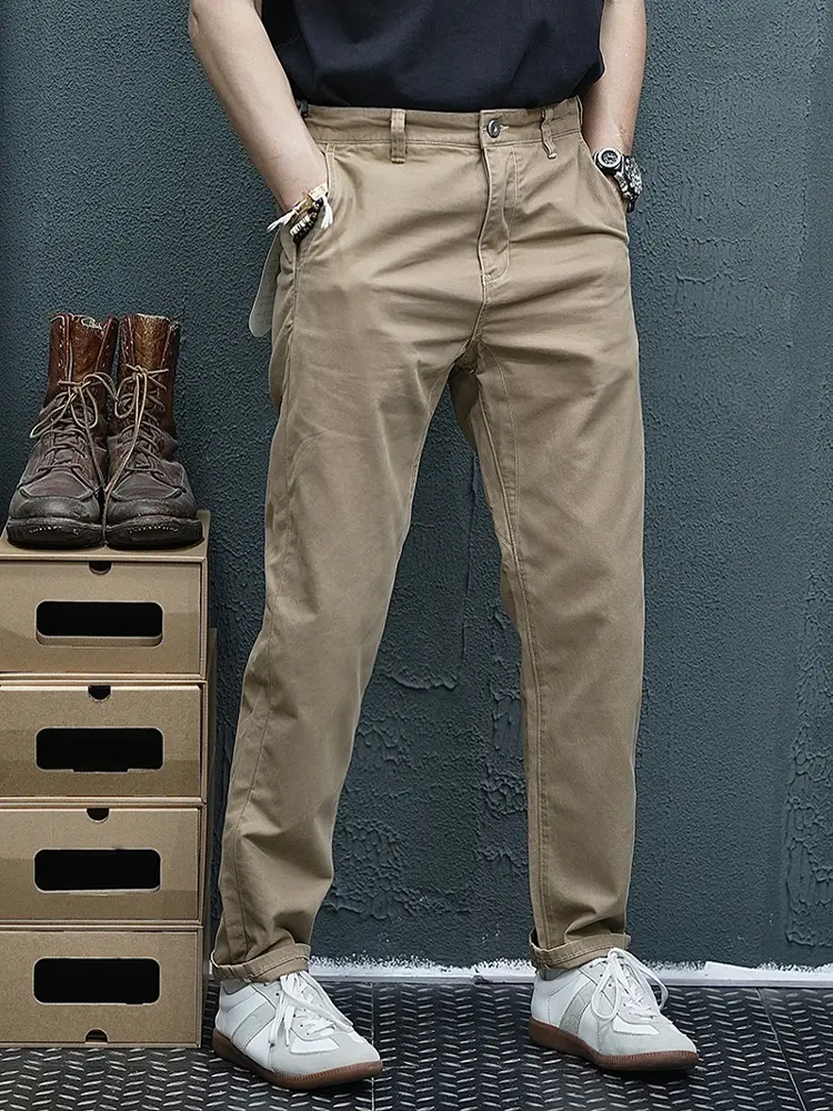 2025 Spring and Autumn New American Retro Heavyweight Woven Twill Casual Cargo Pants Men's 100% Cotton Washed Straight Trousers