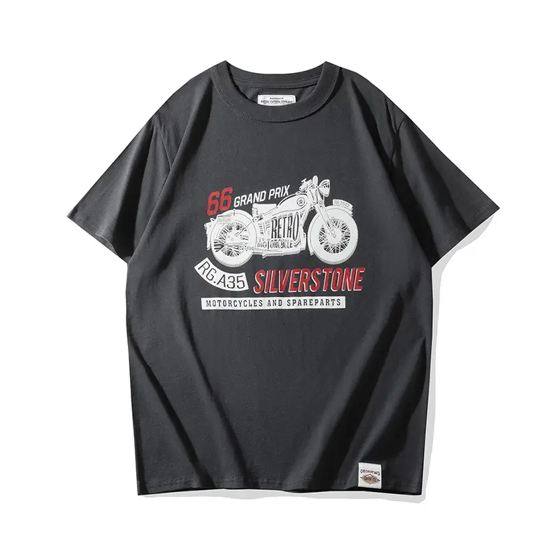 Summer American Retro 210G Short Sleeve O-neck Letter Motorcycle Printed T-shirt Men's Fashion 100% Cotton Washed Casual Tops