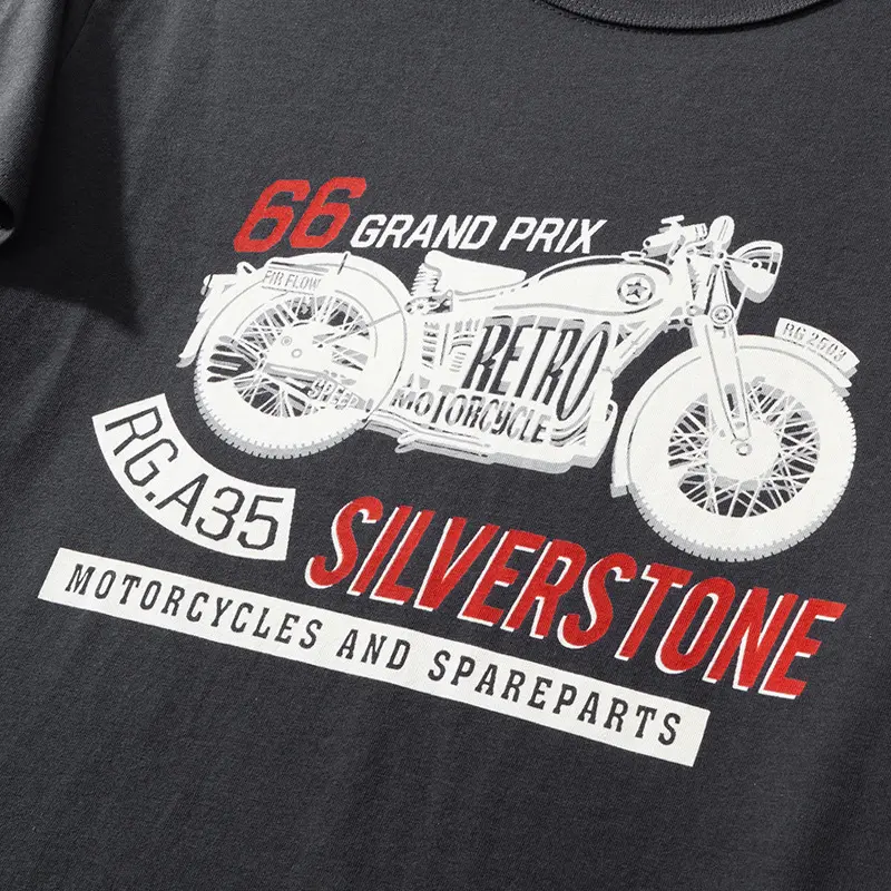 Summer American Retro 210G Short Sleeve O-neck Letter Motorcycle Printed T-shirt Men's Fashion 100% Cotton Washed Casual Tops