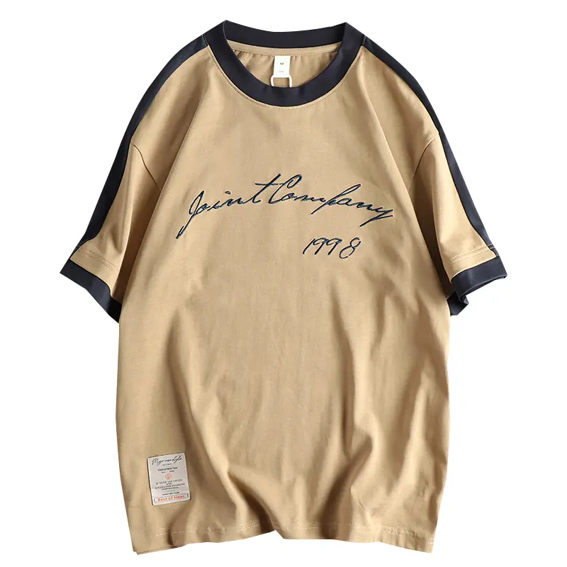 2025 Summer New American Retro Short Sleeve O-neck Letter Embroidery T-shirt Men's Fashion Simple 100% Cotton Washed Casual Tops