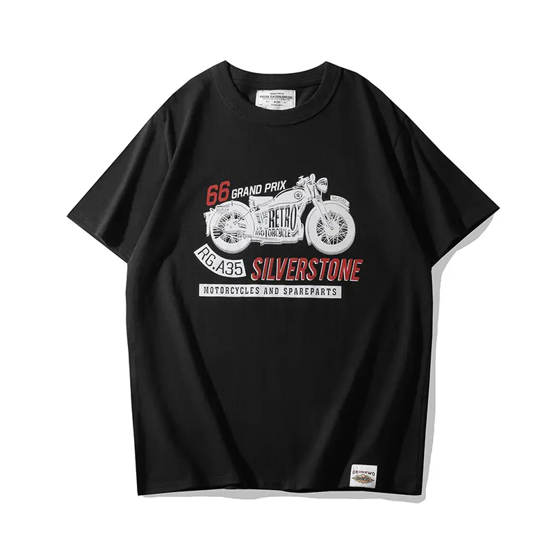 Summer American Retro 210G Short Sleeve O-neck Letter Motorcycle Printed T-shirt Men's Fashion 100% Cotton Washed Casual Tops
