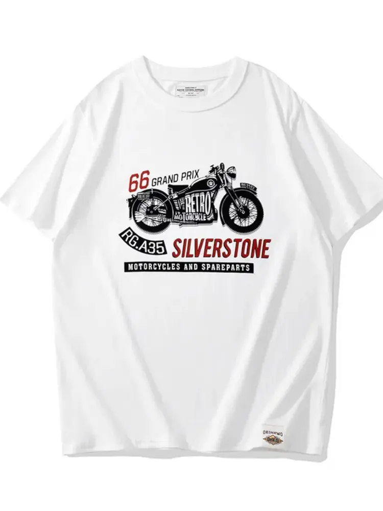 Summer American Retro 210G Short Sleeve O-neck Letter Motorcycle Printed T-shirt Men's Fashion 100% Cotton Washed Casual Tops