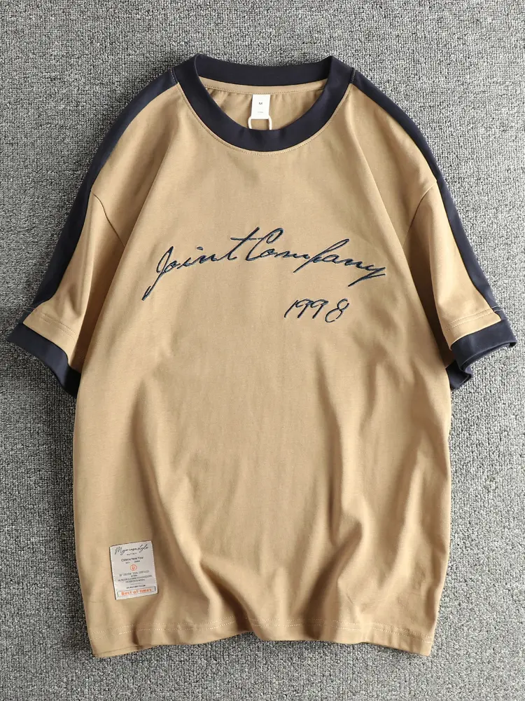 2025 Summer New American Retro Short Sleeve O-neck Letter Embroidery T-shirt Men's Fashion Simple 100% Cotton Washed Casual Tops
