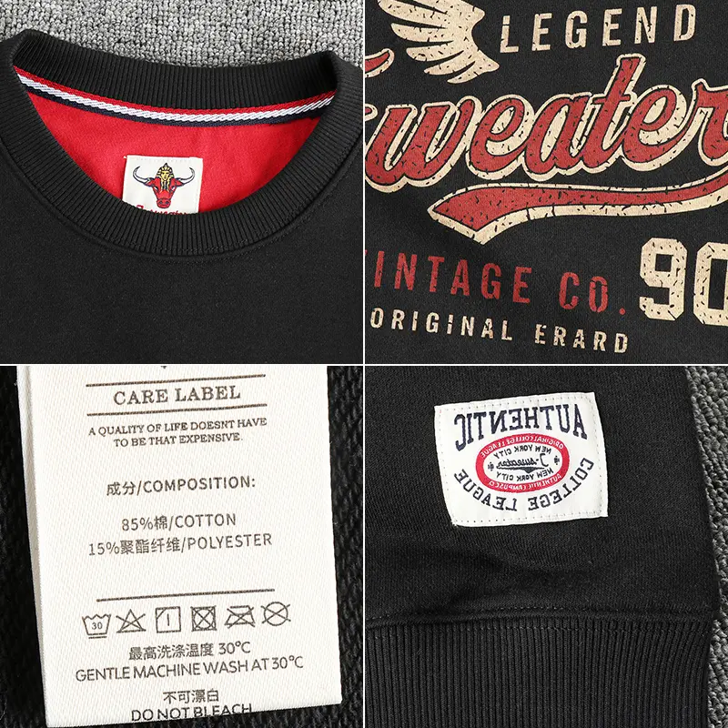 Autumn American Retro Long Sleeve O-neck Wing Letter Printed Sweatshirts Men's Fashion Washed Terry Pullover Casual Sportwear