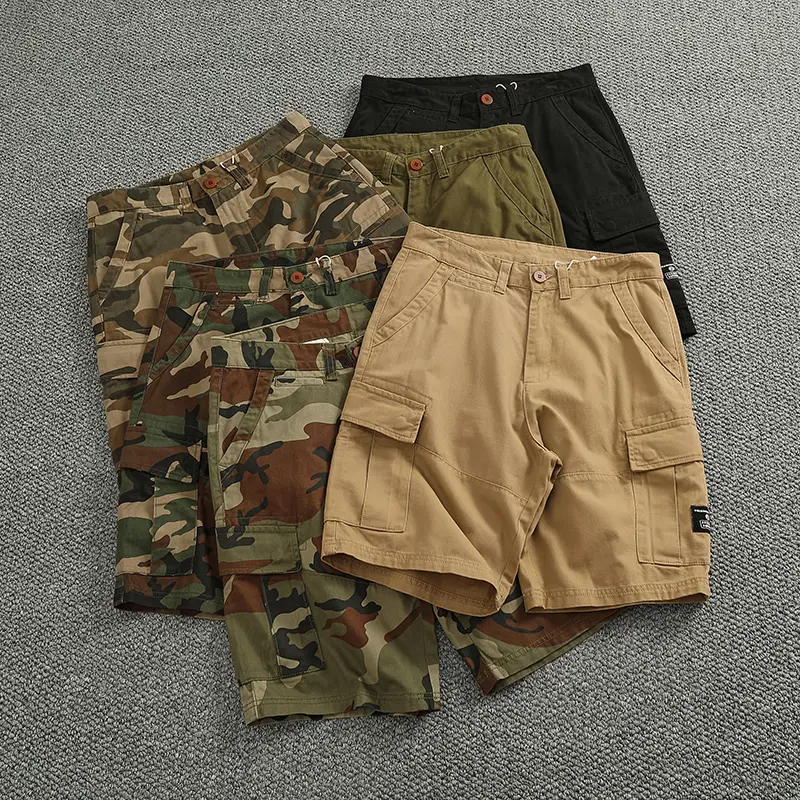 2025 Summer New American Retro Twill Multi Pocket Cargo Shorts Men's 100% Cotton Washed Straight Loose Casual Five-point Pants