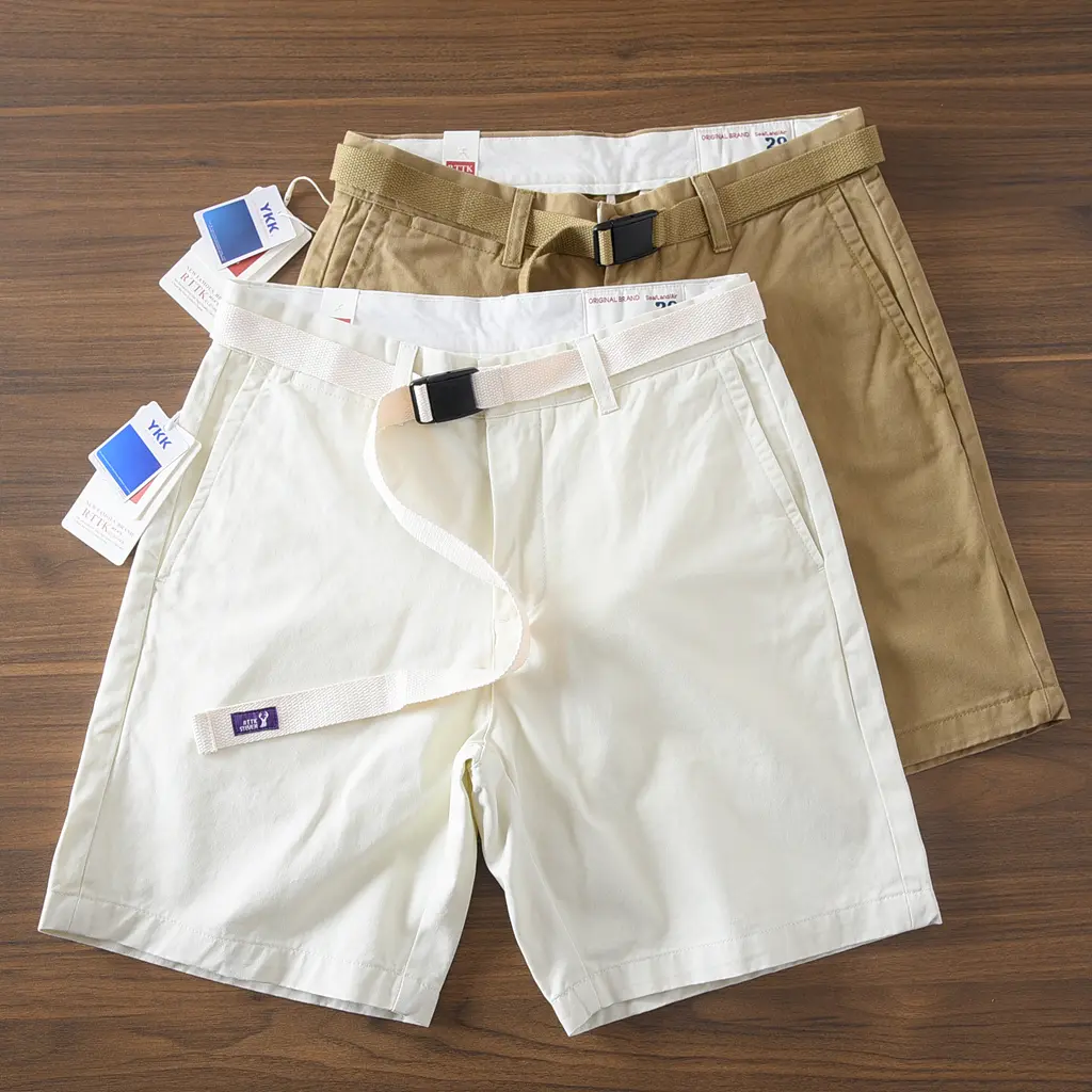 2025 Summer New Japanese Retro Woven Twill Cargo Shorts Men's 100% Cotton Washed Casual Loose Straight 4-point Pants with Belt