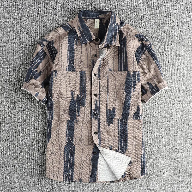 Summer New American Retro Short Sleeve Lapel Hawaiian Printed Cargo Shirt Men's Simple Beach Casual Flower Double Pocket Blouses