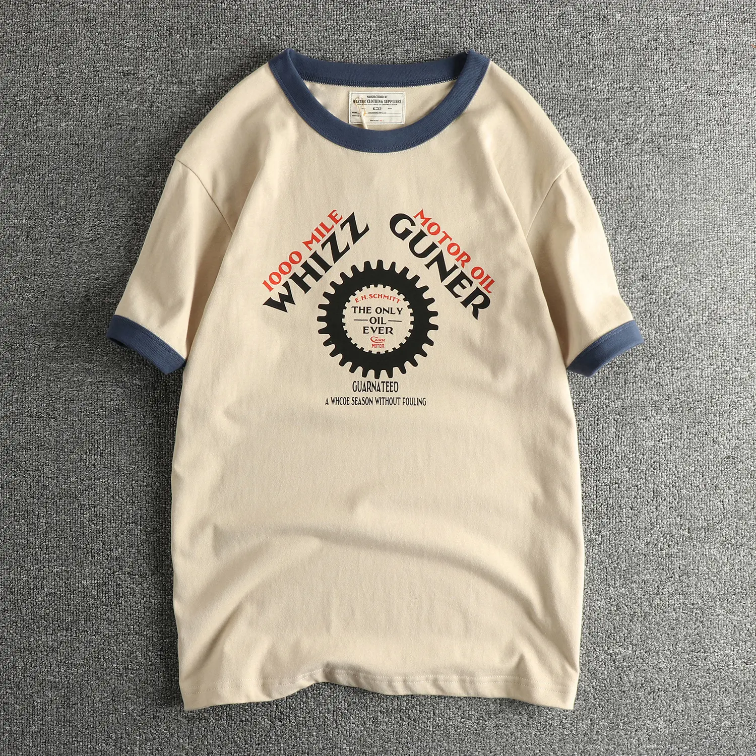 2025 Summer American Retro 210g Short Sleeve O-neck Car Gears Printed T-shirt Men's Amekaji 100% Cotton Washed Casual Youth Tops
