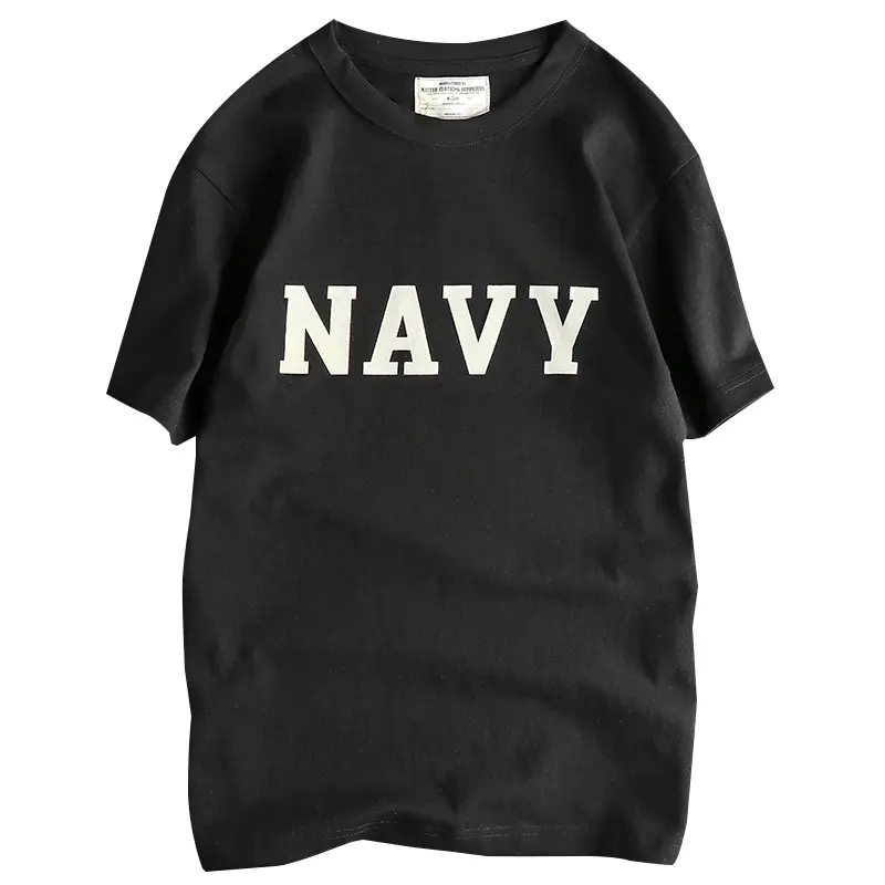 2025 Summer New American Retro 280G Short Sleeve O-neck Navy Letter Printed T-shirt Men's Fashion 100% Cotton Washed Casual Tops
