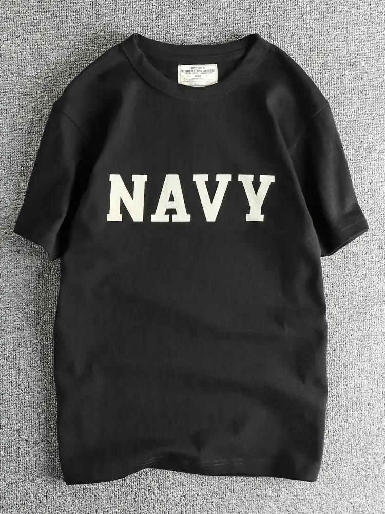 2025 Summer New American Retro 280G Short Sleeve O-neck Navy Letter Printed T-shirt Men's Fashion 100% Cotton Washed Casual Tops
