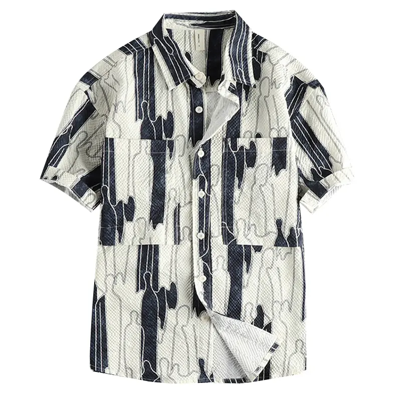 Summer New American Retro Short Sleeve Lapel Hawaiian Printed Cargo Shirt Men's Simple Beach Casual Flower Double Pocket Blouses