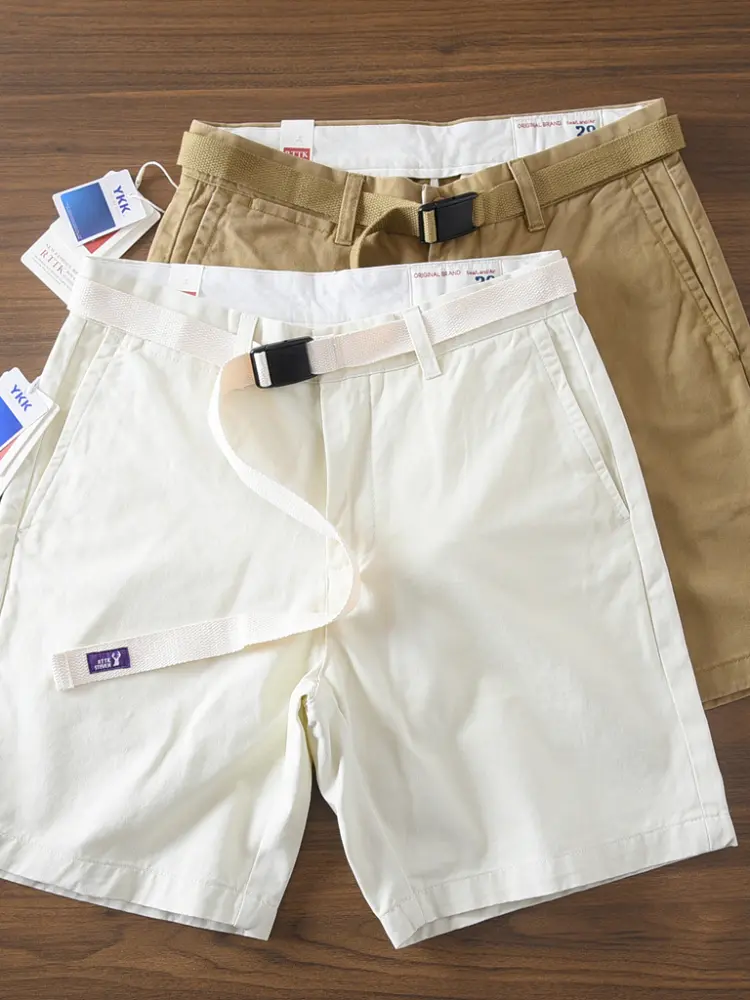 2025 Summer New Japanese Retro Woven Twill Cargo Shorts Men's 100% Cotton Washed Casual Loose Straight 4-point Pants with Belt