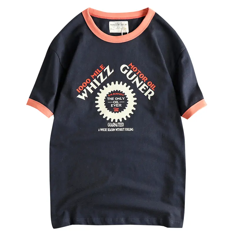 2025 Summer American Retro 210g Short Sleeve O-neck Car Gears Printed T-shirt Men's Amekaji 100% Cotton Washed Casual Youth Tops