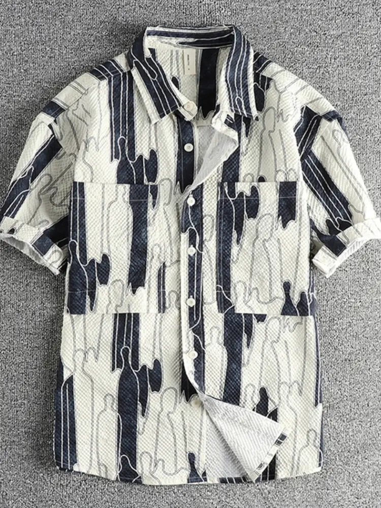 Summer New American Retro Short Sleeve Lapel Hawaiian Printed Cargo Shirt Men's Simple Beach Casual Flower Double Pocket Blouses