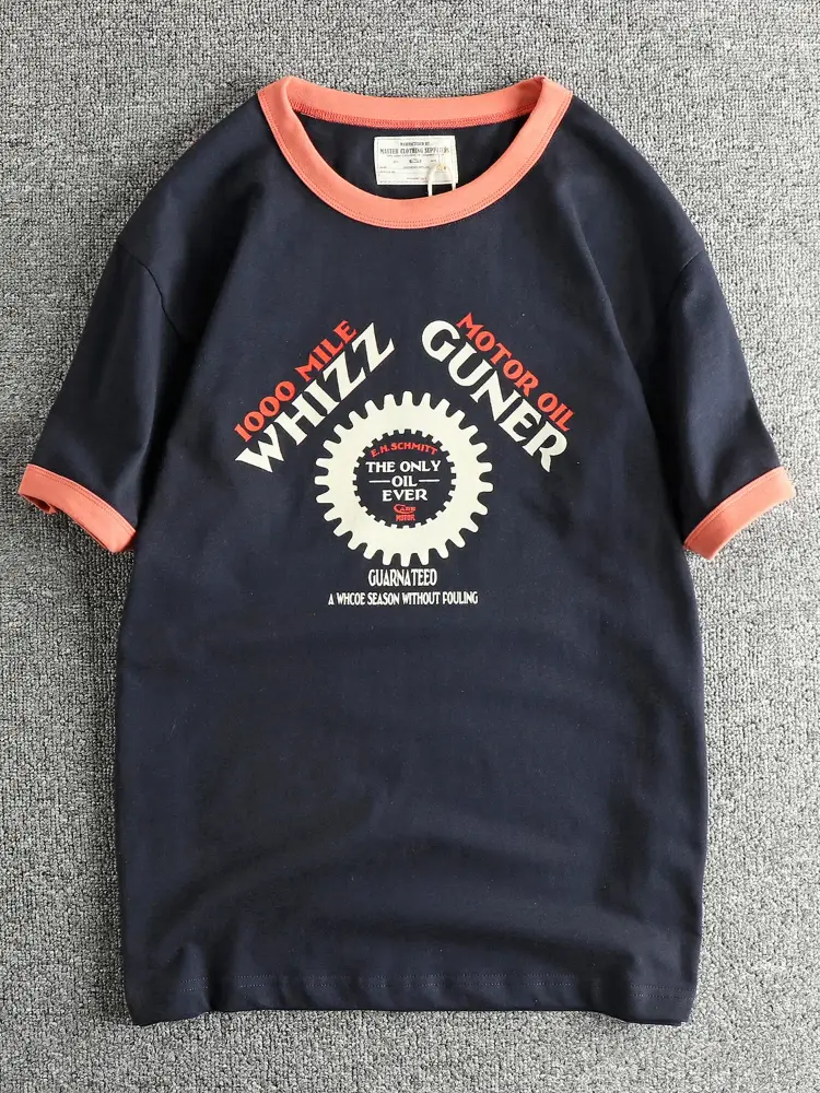 2025 Summer American Retro 210g Short Sleeve O-neck Car Gears Printed T-shirt Men's Amekaji 100% Cotton Washed Casual Youth Tops