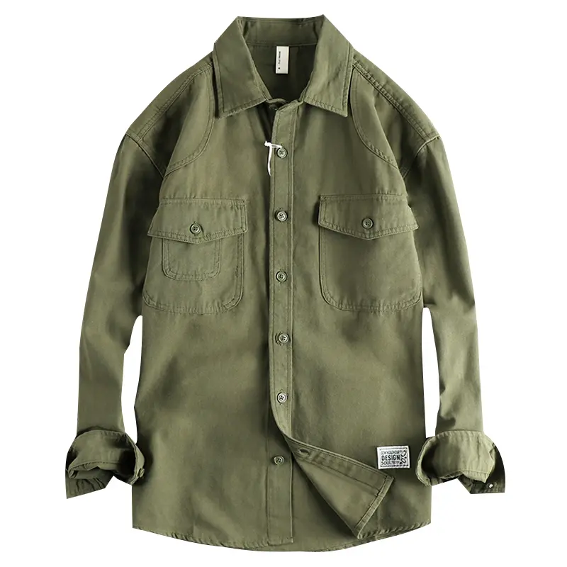 Spring New American Retro Long Sleeve Lapel Woven Cargo Shirts Men's High Street 100% Cotton Washed Loose Casual Thin Jacket