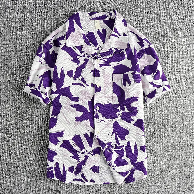 Summer New American Retro Short Sleeve Cuban Collar Hawaiian Print Shirt Men's Fashion Seaside Beach Loose Casual Flower Blouses